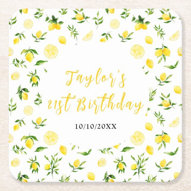Porta-copo De Papel Quadrado Lemons and Foliage Birthday (Frente)
