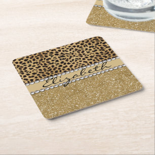 Porta-copo De Papel Quadrado Leopard Spot, Dourado, Glitter Rhinestone PHOTO IM