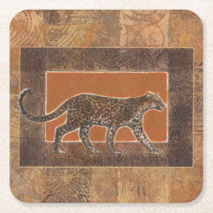 Porta-copo De Papel Quadrado Leopardo sobre fundo laranja e castanho