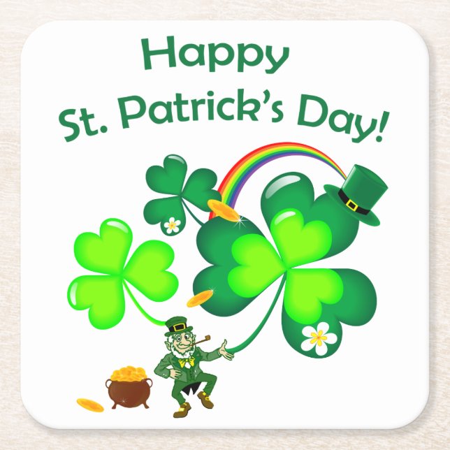 Porta-copo De Papel Quadrado Leprechaun e Shamrock (Frente)