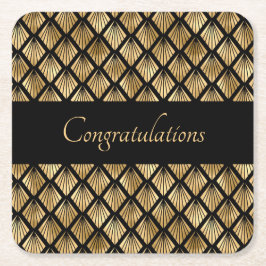 Porta-copo De Papel Quadrado Leques Geométricos Art Déco Elegantes em Dourado e