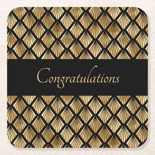 Porta-copo De Papel Quadrado Leques Geométricos Art Déco Elegantes em Dourado e (Frente)