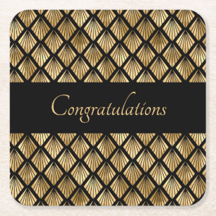 Porta-copo De Papel Quadrado Leques Geométricos Art Déco Elegantes em Ouro e Pr