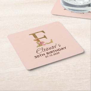 Porta-copo De Papel Quadrado Letra E Monograma Dourado Rosas Rosa Beijo