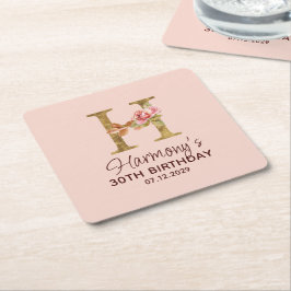 Porta-copo De Papel Quadrado Letra H Monograma Dourado Rosas Rosa Beijo