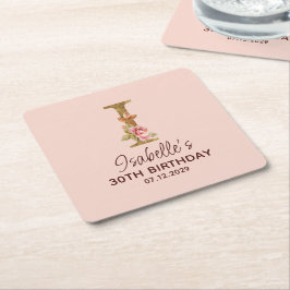 Porta-copo De Papel Quadrado Letra I Monograma Dourado Rosas Rosa Beijo