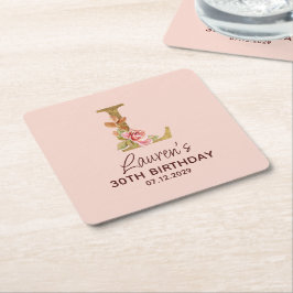 Porta-copo De Papel Quadrado Letra L Monograma Dourado Rosas Rosa Bege