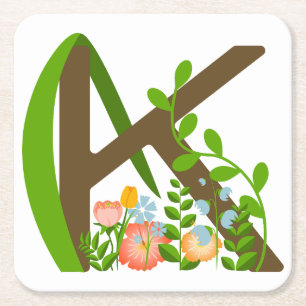 Porta-copo De Papel Quadrado Letra maiúscula K monograma floral