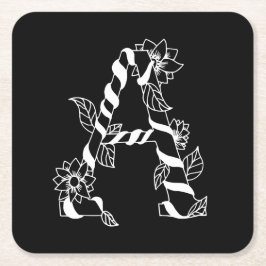 Porta-copo De Papel Quadrado Letra negra e branca "A" com flores geminadas