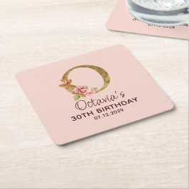 Porta-copo De Papel Quadrado Letra O Monograma Dourado Rosas Rosa Beijo