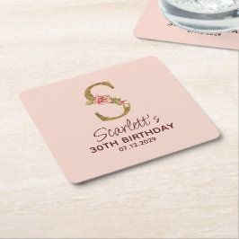 Porta-copo De Papel Quadrado Letra S Monograma Dourado Rosas Rosa Beijo