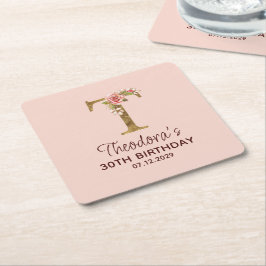 Porta-copo De Papel Quadrado Letra T Monograma Dourado Rosas Rosa Beijo