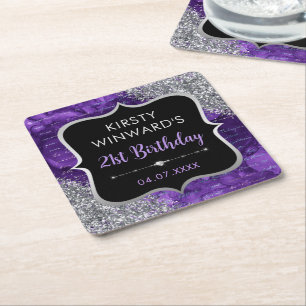 Porta-copo De Papel Quadrado Letras de Sereia de Glitter Iridescente Roxo Anive