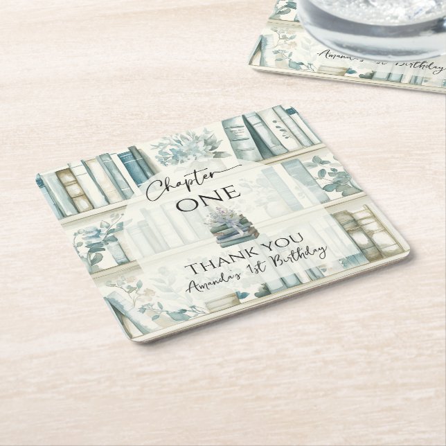 Porta-copo De Papel Quadrado Library Chapter ONE Blue Boy Book 1st Birthday (Inclinado)