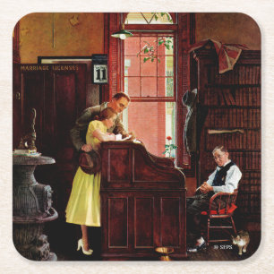 Porta-copo De Papel Quadrado Licença de casamento por Norman Rockwell