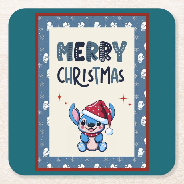 Porta-copo De Papel Quadrado Lil Blue Cutie Diz "Feliz Natal" (Frente)