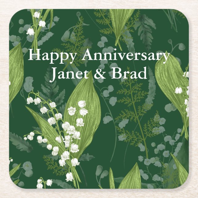 Porta-copo De Papel Quadrado Lily of Valley com Ferns | Verde Escuro Personaliz (Frente)