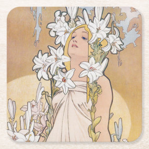 Porta-copo De Papel Quadrado Lily (Quatro Flores), Alphonse Mucha
