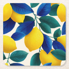 Porta-copo De Papel Quadrado Limão Vibrante e Folhas Azuis Padrão de Aquarela