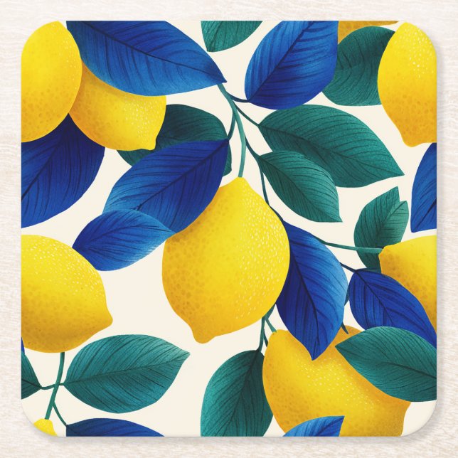Porta-copo De Papel Quadrado Limão Vibrante e Folhas Azuis Padrão de Aquarela (Frente)