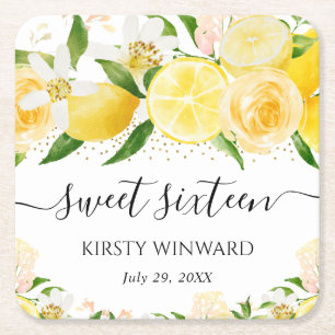 Porta-copo De Papel Quadrado Limões de Aquarelas e Flores Doce Dezesseis