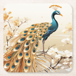 Porta-copo De Papel Quadrado Linda Arte Deco Dourado Teal Peacock Flores Branca
