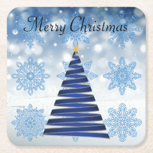 Porta-copo De Papel Quadrado Linda Árvore de Natal Azul, Floco de Neve