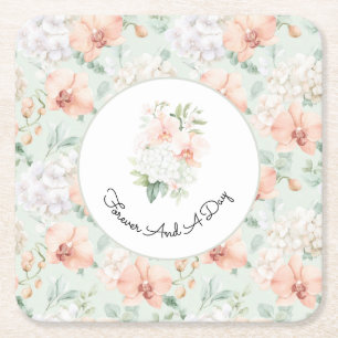 Porta-copo De Papel Quadrado Lindas Flores de Orquídea Pêssego Menta Casamento