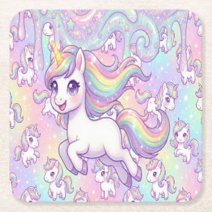 Porta-copo De Papel Quadrado Lindo Unicórnio Kawaii Arco-Íris Pastel Mágico