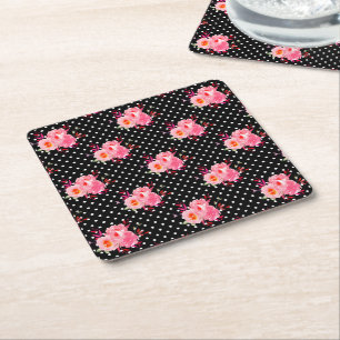 Porta-copo De Papel Quadrado Lindos Pontos Pretos Brancos e Rosas Flores Florai