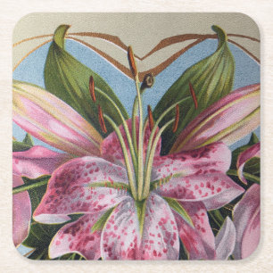Porta-copo De Papel Quadrado Lírio Tigre Rosa Vintage Botânico Floral