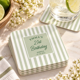 Porta-copo De Papel Quadrado Listra Verde Salvia Aniversário de 21 anos Costeir
