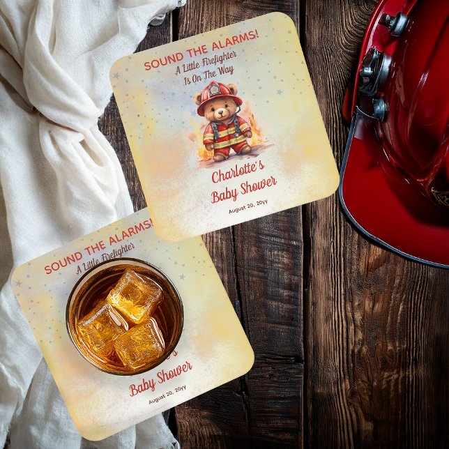 Porta-copo De Papel Quadrado Little Firefighter Teddy Bear Baby Shower  (Sound the Alarms!  A Little Firefighter Is On The Way Cute Teddy Bear Baby Shower Paper Coaster)