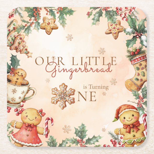 Porta-copo De Papel Quadrado Little Gingerbread Christmas 1st Birthday (Frente)