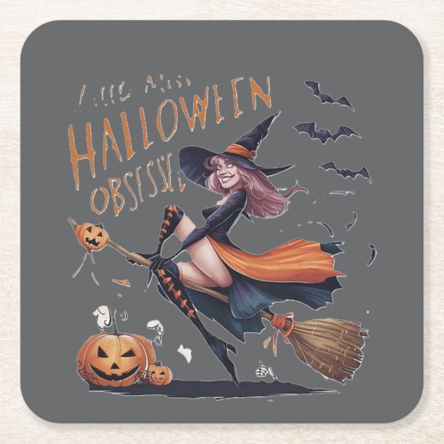 Porta-copo De Papel Quadrado Little Miss Halloween Obsessed (Frente)