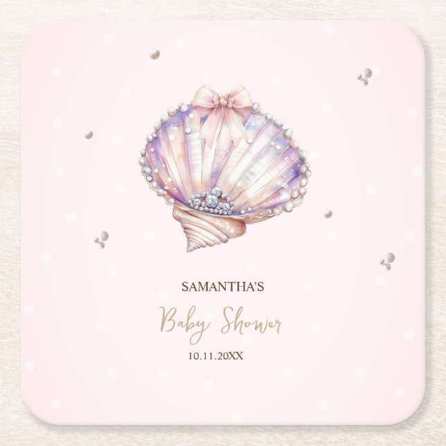 Porta-copo De Papel Quadrado Little Pearl Seashells Diamonds Dots Baby Shower (Frente)