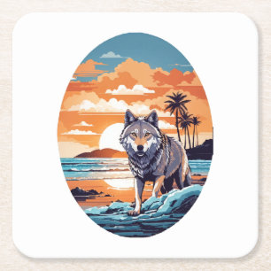 Porta-copo De Papel Quadrado Lobo na Praia