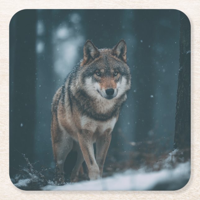Porta-copo De Papel Quadrado Lobo no Inverno (Frente)