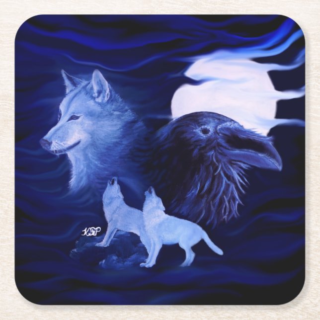 Porta-copo De Papel Quadrado Lobos e Raven com lua de cheio (Frente)