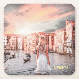 Porta-copo De Papel Quadrado Loira Em Veneza Romântica