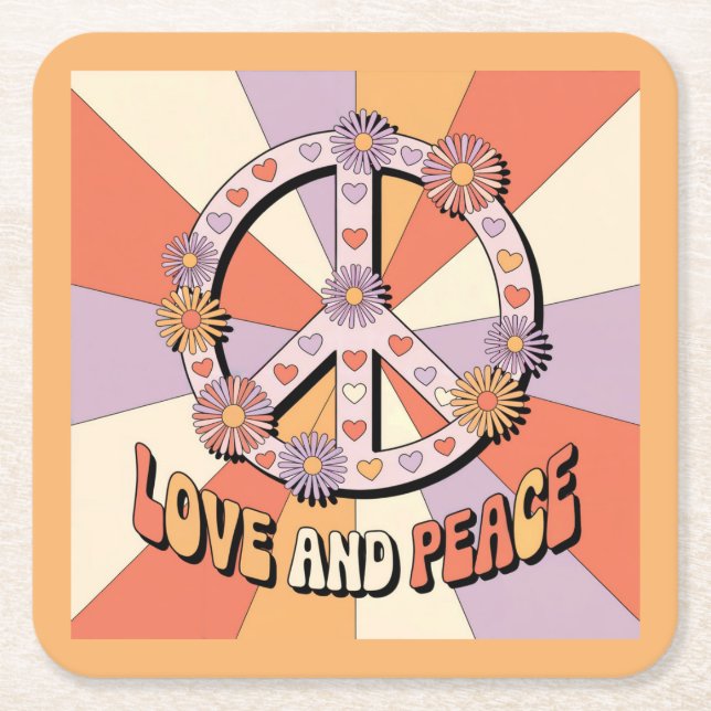 Porta-copo De Papel Quadrado  Love Peace Sign Flowers  (Frente)