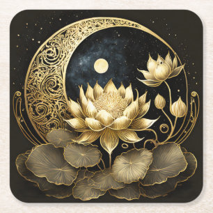 Porta-copo De Papel Quadrado Lua celestial e flor de lótus