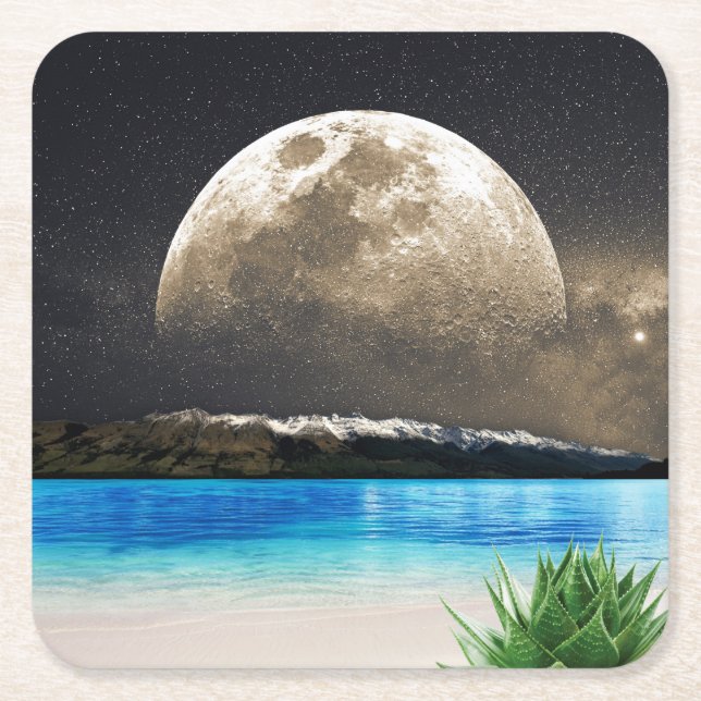Porta-copo De Papel Quadrado Lua Cheia Tropical Turquesa Dourada Luminosa Praia (Frente)