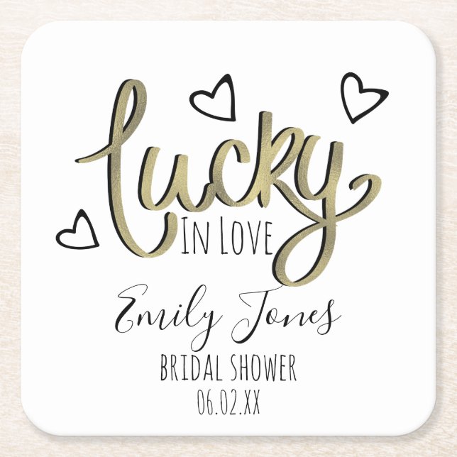 Porta-copo De Papel Quadrado Lucky in Love Hearts Bridal Shower (Frente)
