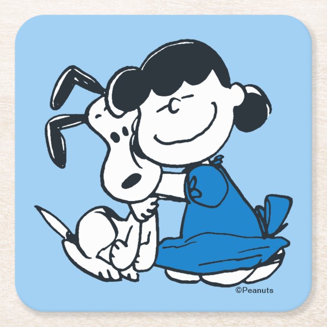 Porta-copo De Papel Quadrado Lucy Hugging Snoopy (Frente)