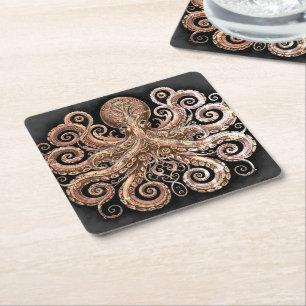 Porta-copo De Papel Quadrado Lula Kraken Steampunk Ornata Dourado Preto