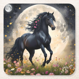 Porta-copo De Papel Quadrado Lunar Elegância: Cavalo de Fantasia Negra com Lua