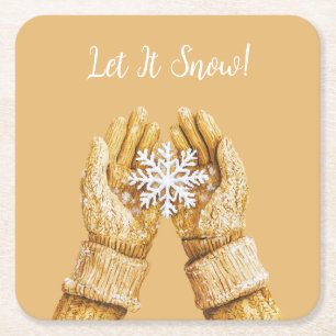Porta-copo De Papel Quadrado Luvas de Natal Floco de Neve Mãos Dourado Amarelo