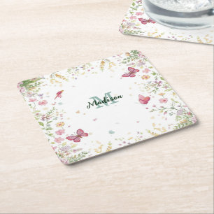 Porta-copo De Papel Quadrado Luxuoso Colorido Flor Silvestre Flor borboleta azu