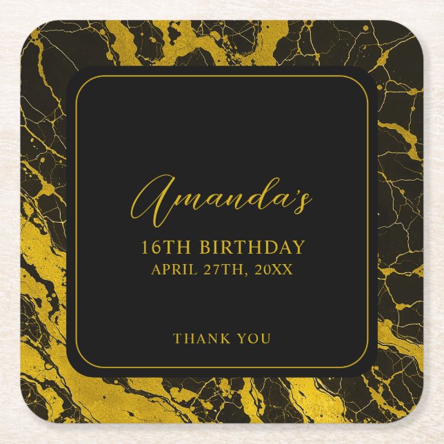 Porta-copo De Papel Quadrado Luxurioso Black & Dourado Marble Sweet 16 Aniversá (Frente)